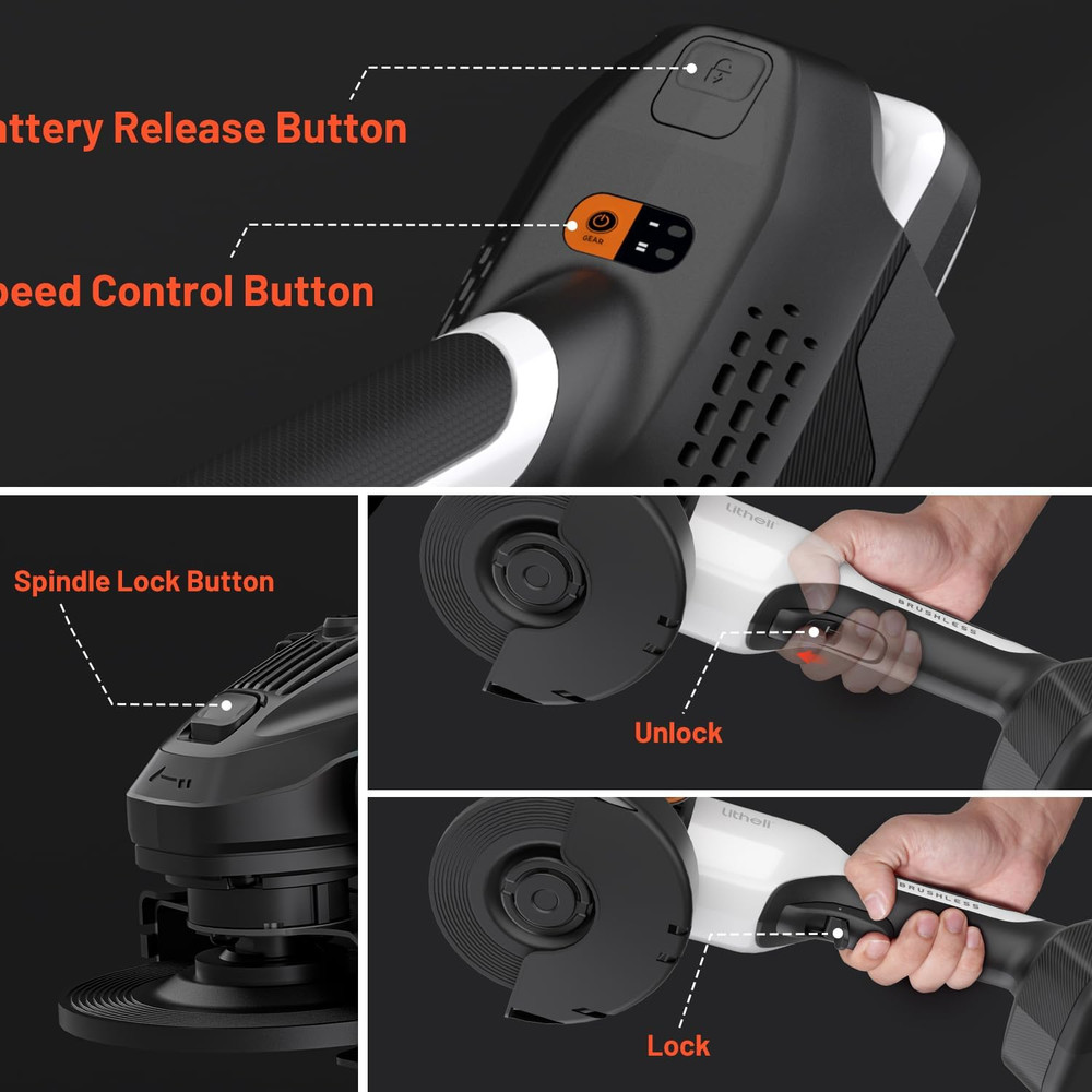 20V Brushless Cordless Angle Grinder, 4.9-Inch Variable Speed Grinder with Batte
