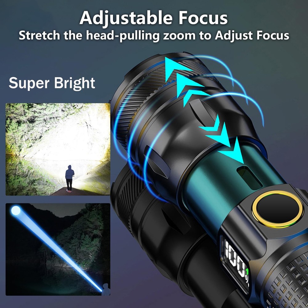 Gotellx Rechargeable LED Flashlights with Digital Power Display, Small, Black
