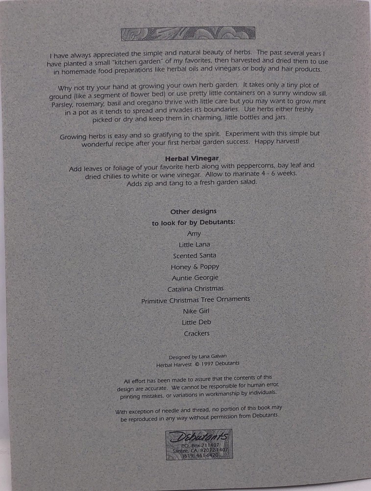 Debutants Herbal Harvest Cross Stitch Pattern Chart