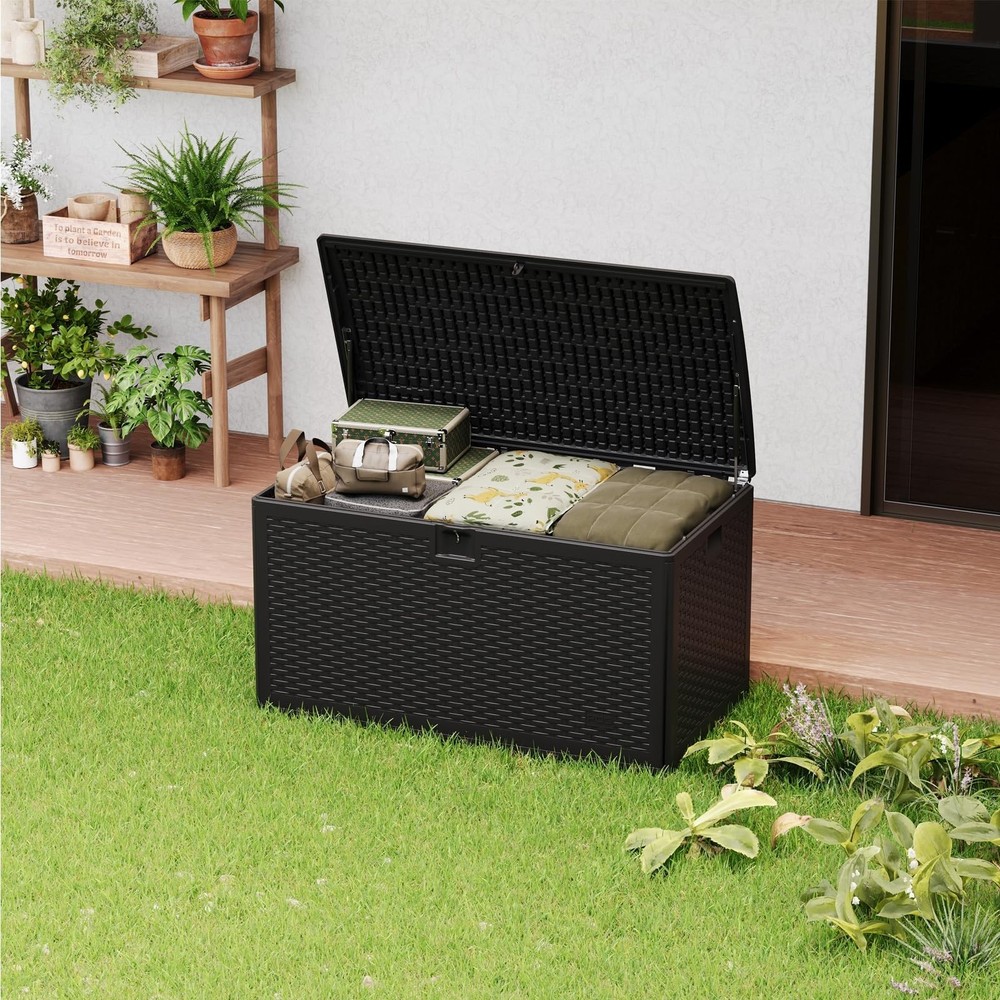 120 Gallon Waterproof Resin Deck Box Large Lockable Storage Container with Hy...