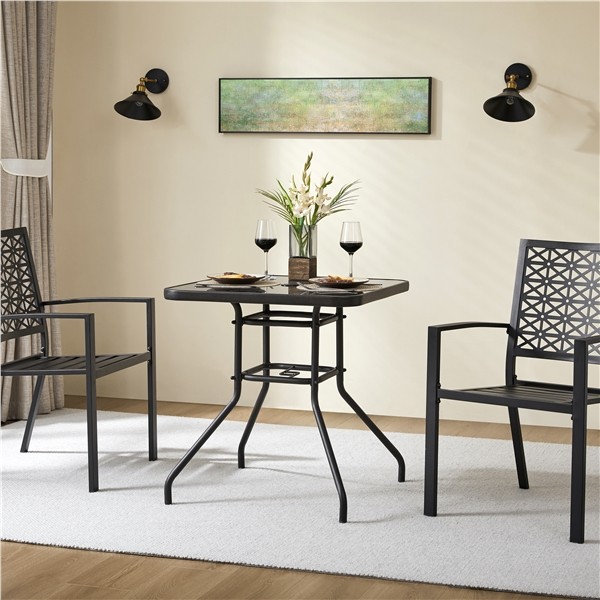 Outdoor Square Patio Bistro Table with Silk Printing Glass Top and Umbrella Hole