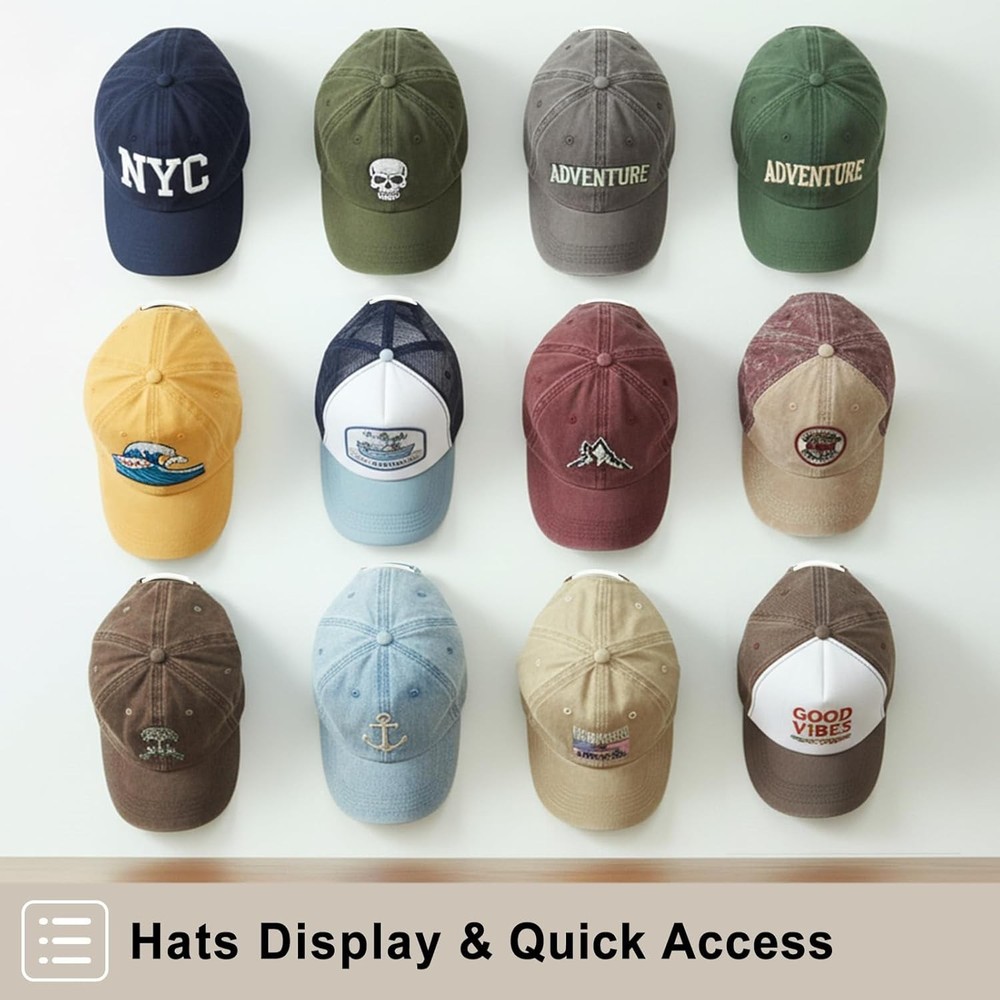 Adhesive Hat Hooks Wall (12-Pack) No-Drilling Hat Hanger Wall Baseball Cap Rack
