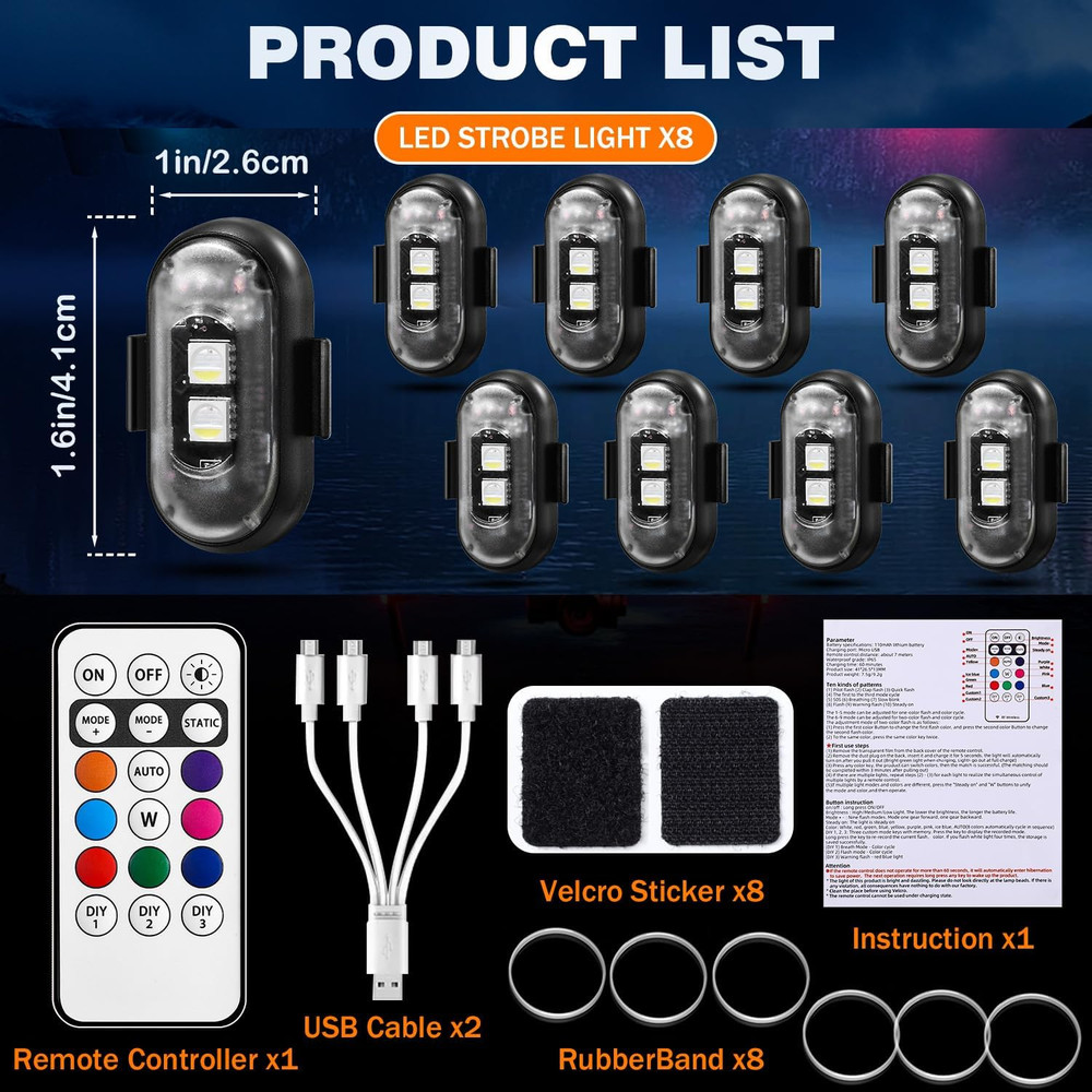 8PCS Wireless LED Strobe Lights 8 Colors USB Rechargeable Remote Control IP65