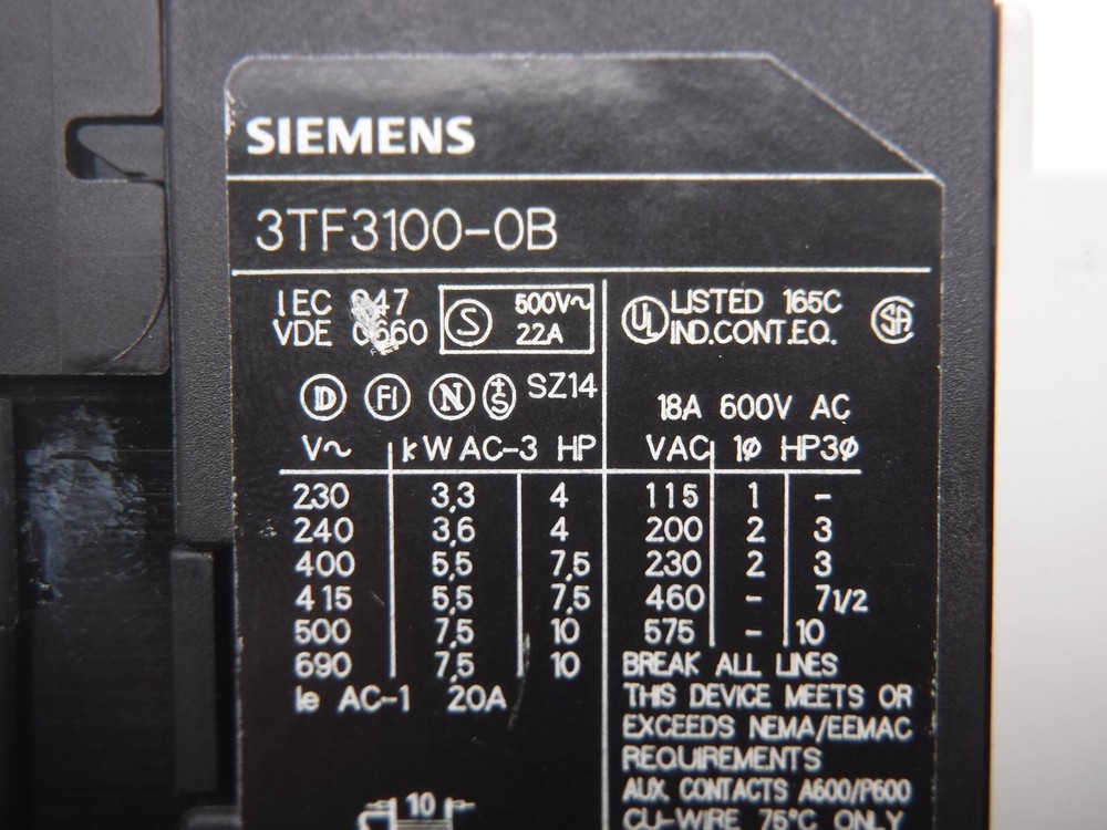 Siemens 3TF3100-0B Contactor 18A 600VAC