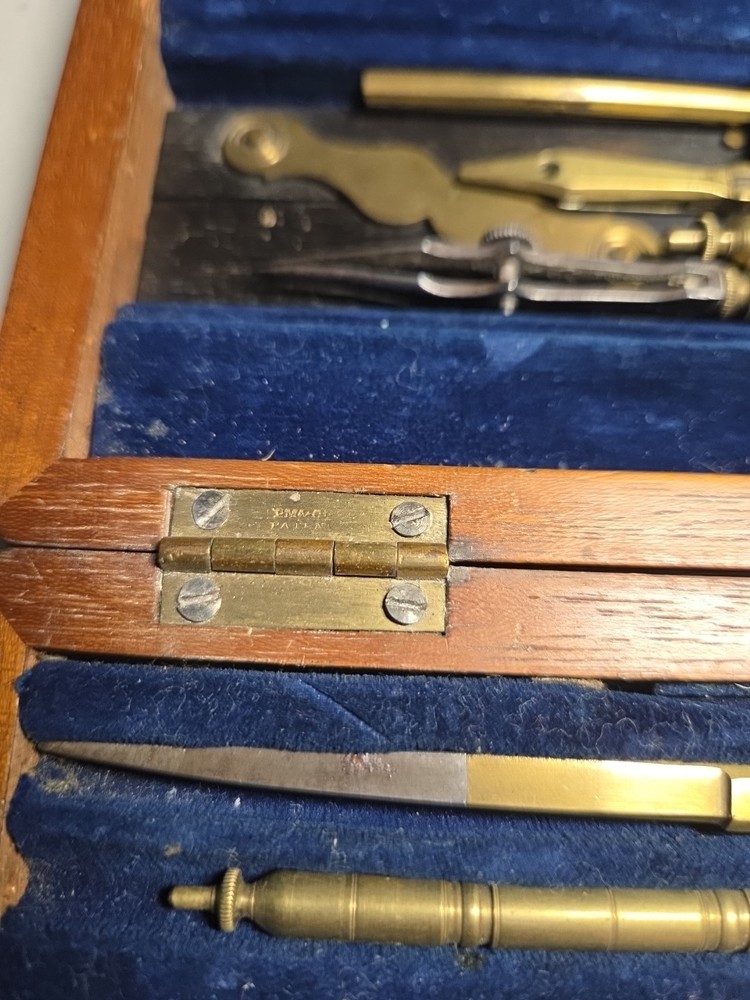 Antique Technical Mathematical Drawing Instruments Set Geometry in Wood Box