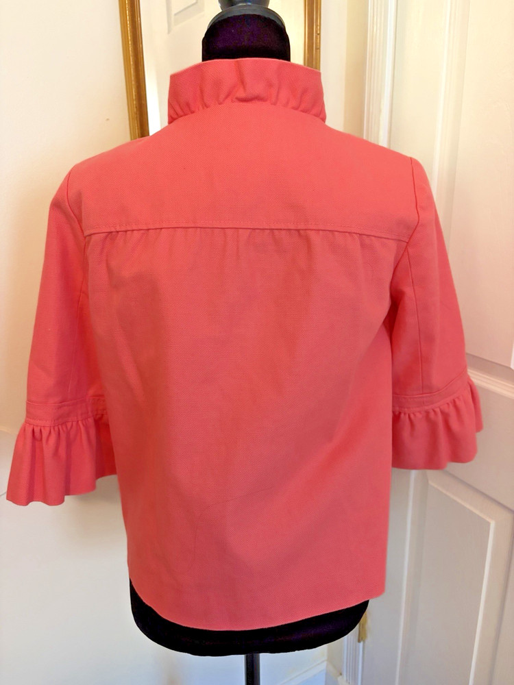 J.Crew Ruffle Jacket Cropped 3/4 Sleeve Button Front Coral Pink Size 6 Statement