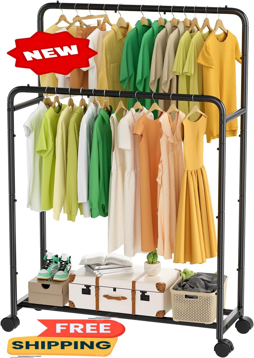 Perchero de moda simple con dos barras y ruedas, perchero metálico rodante para