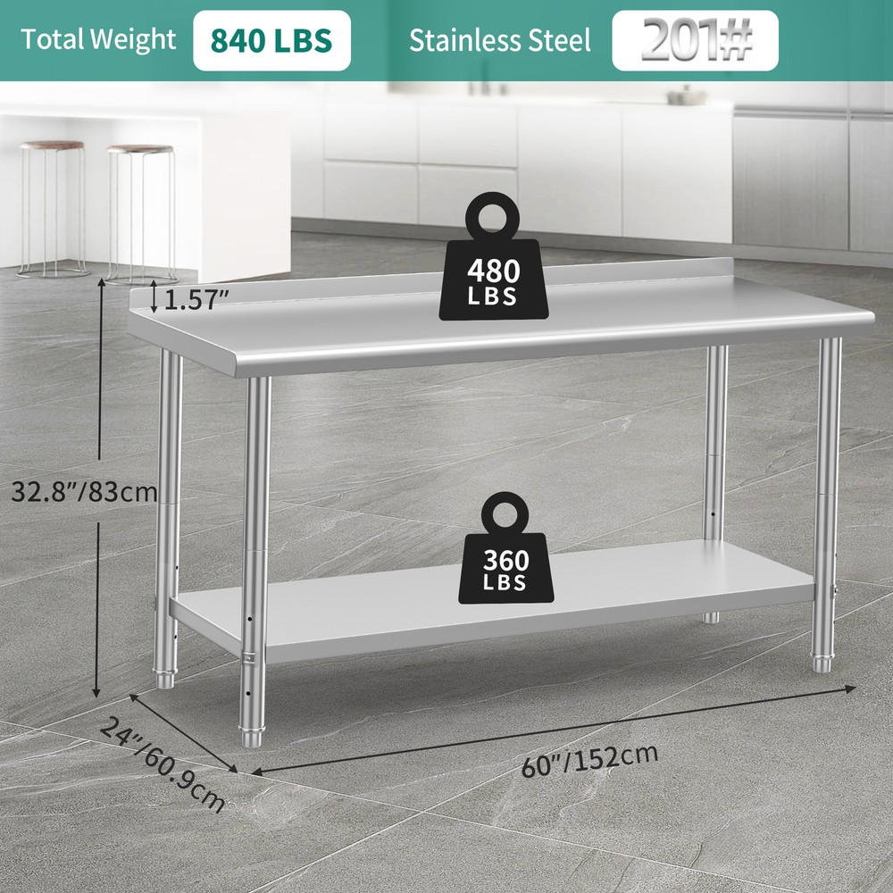 60" x 24" Stainless Steel Table for Prep & Work with Backsplash