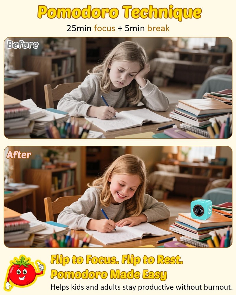 Digital Pomodoro Timer Cube 5/10/25/50min, Visual Productivity Flip Timer for...