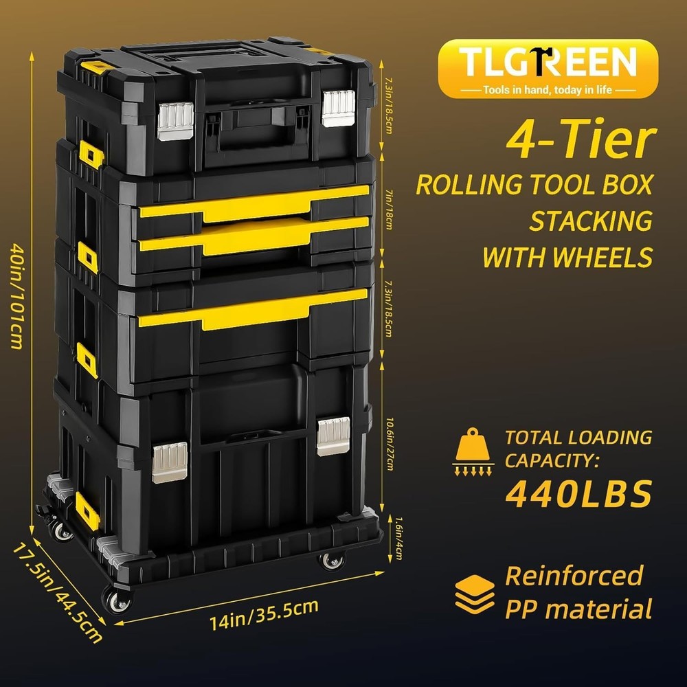 Stackable Toolbox 4 Piece Modular Rolling System Equipment Storage Garage