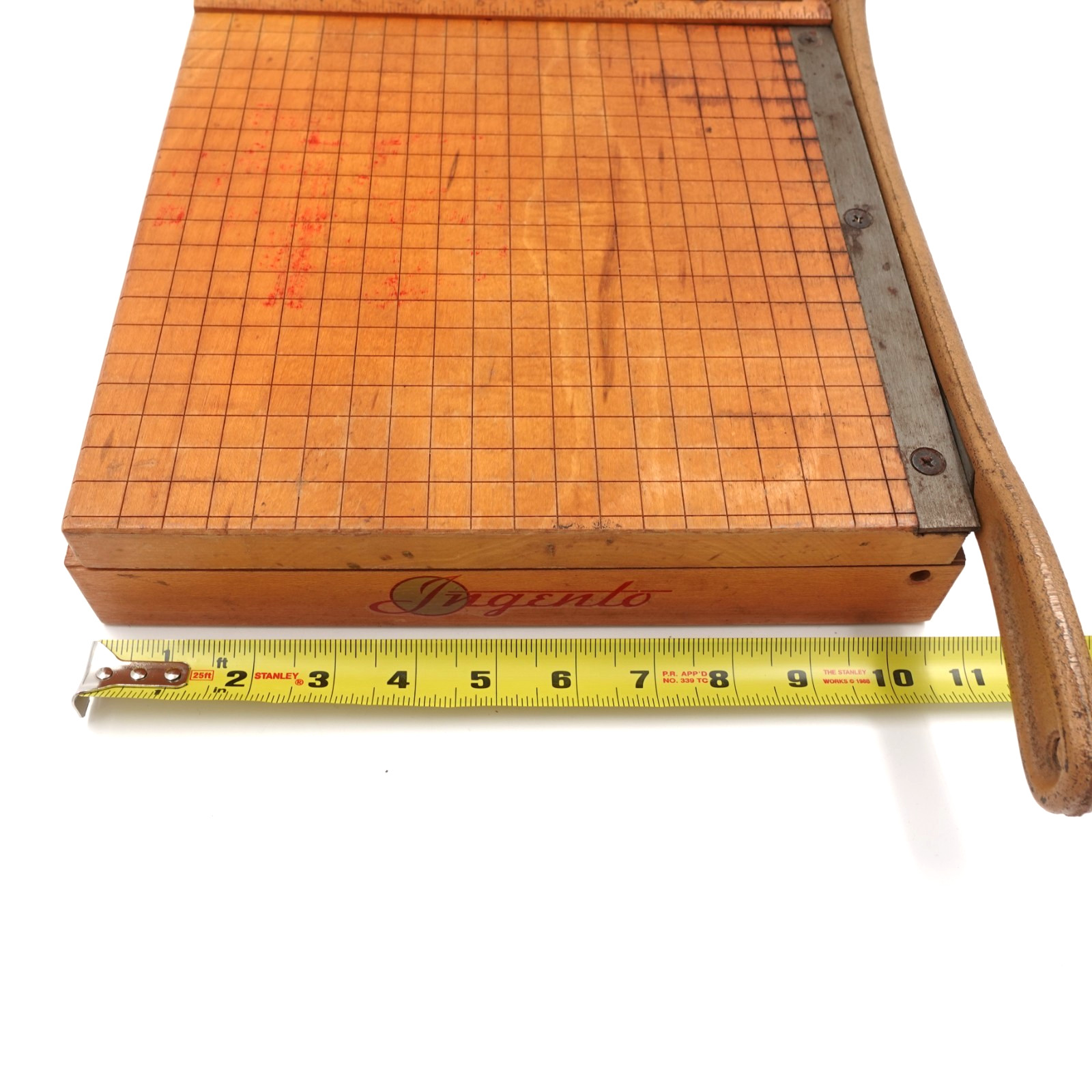 Vintage Ingento No 3 Paper Cutter Guillotine Cast Iron Arm Wood Base 10"