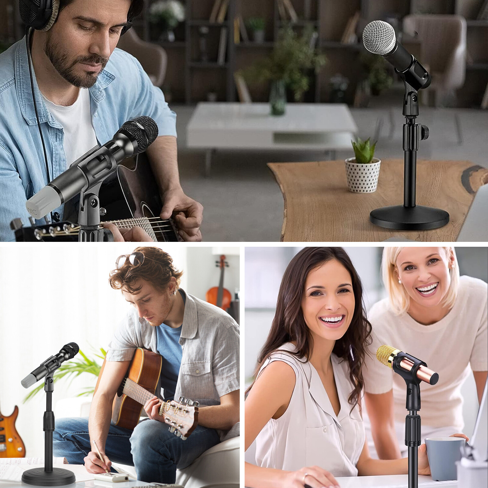 Adjustable Lifting Desktop Microphone Stand Mini Weighted Round Base w/ Mic Clip