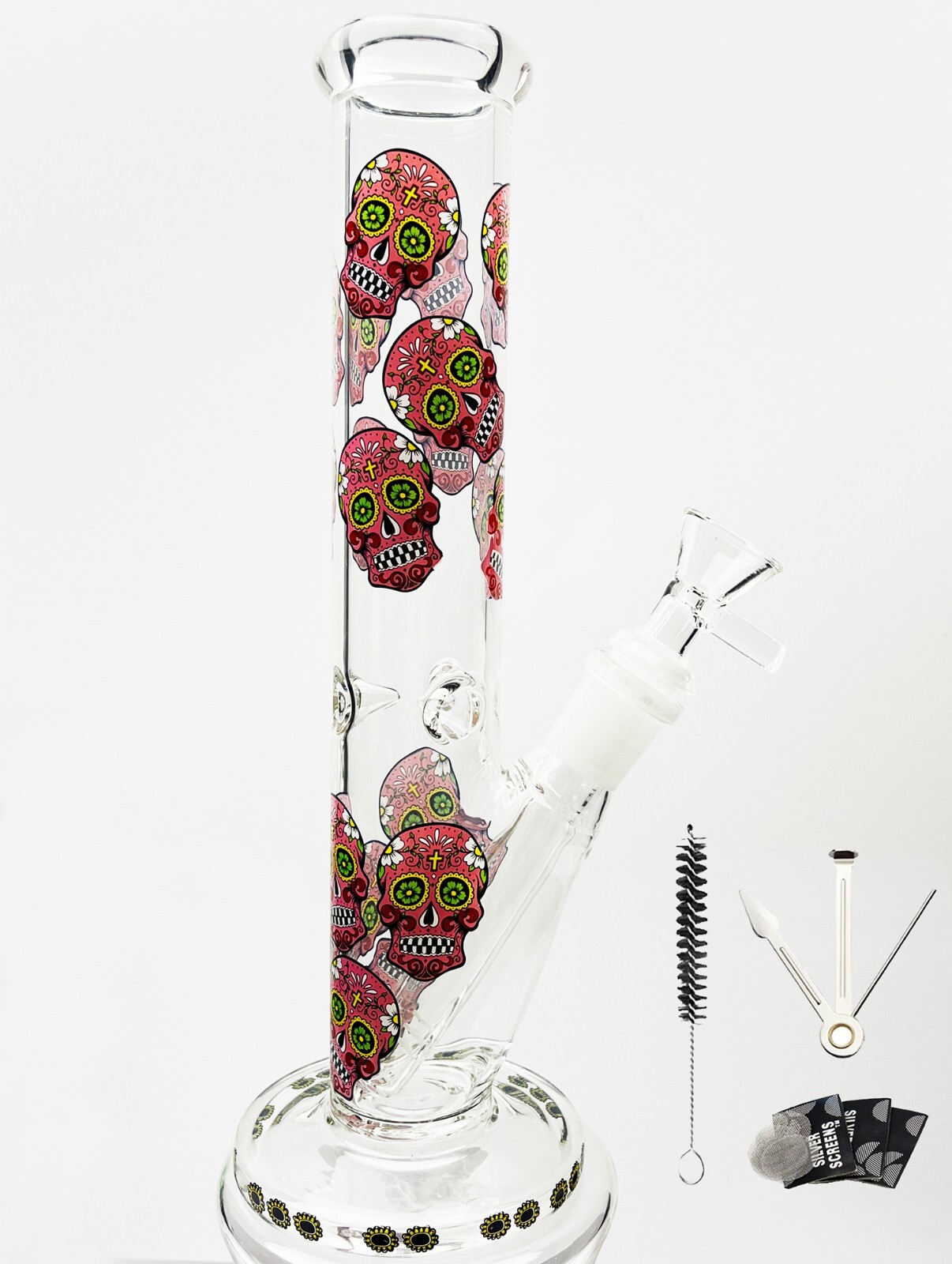 10" Glass Bong Smoking Hookah Water Pipes Pink Skull Tobacco Beaker 14mm Bowl