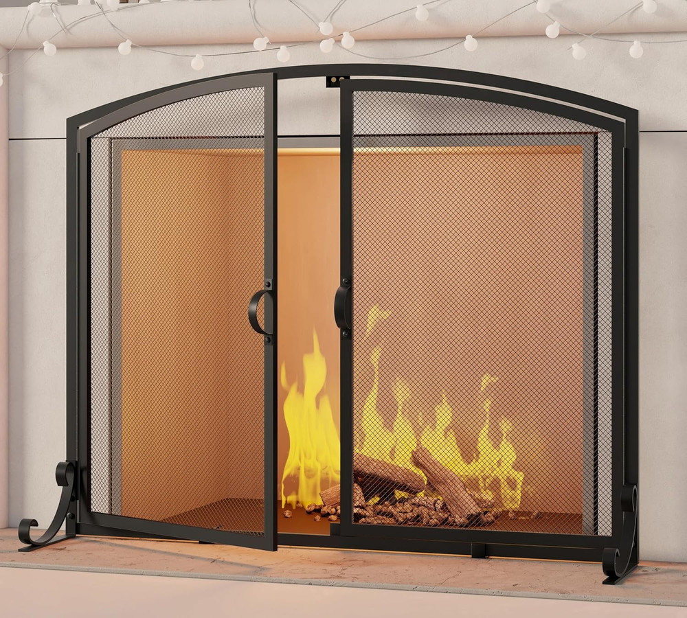 2-Pannel Fireplace Screen with Doors, Handcrafted Solid Mesh,Stable Adjustable F