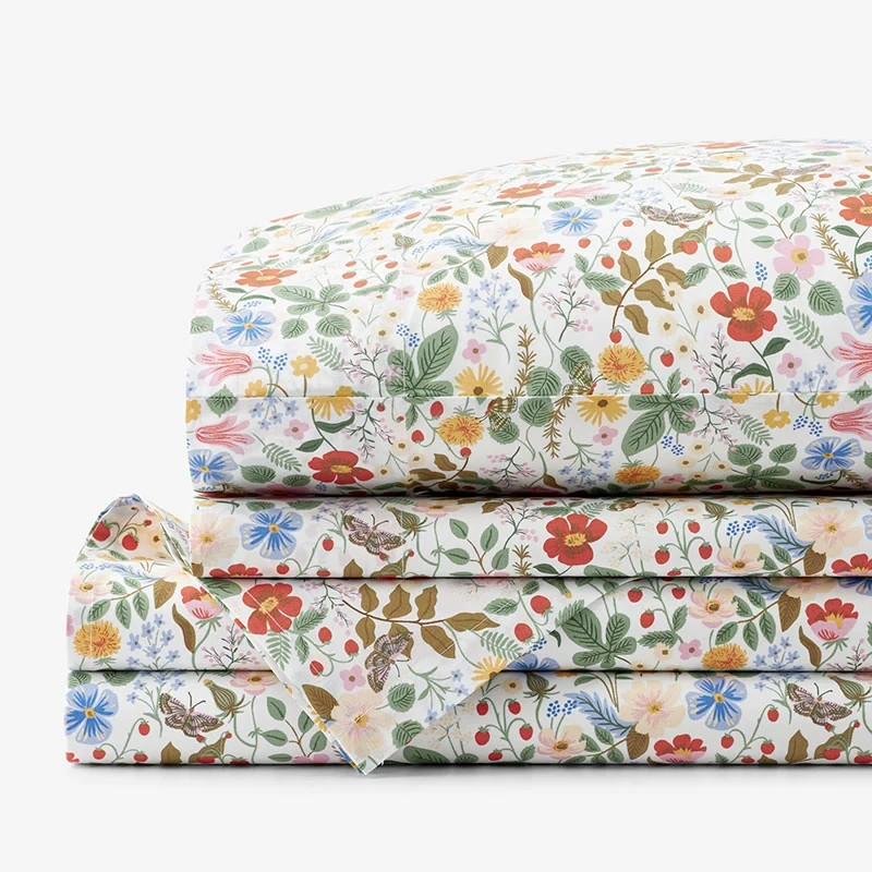 Strawberry Fields Classic Cool Cotton Percale Bed Sheet Set - White Multi, Twin