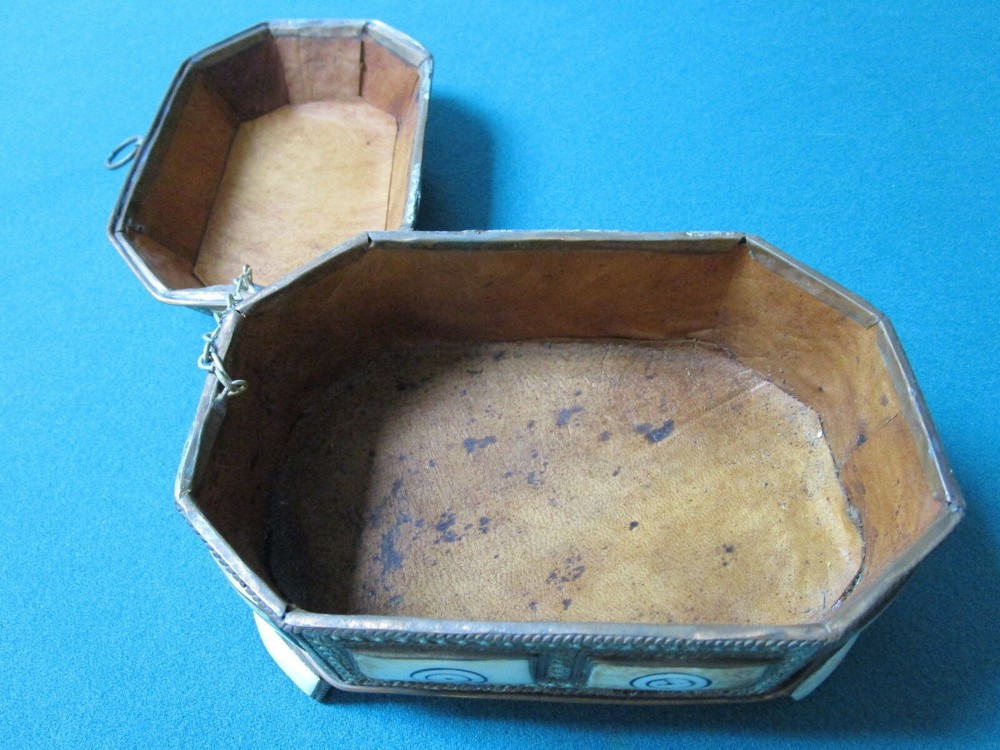 Middle Eastern antique camel bone brass handmade footed box leather original