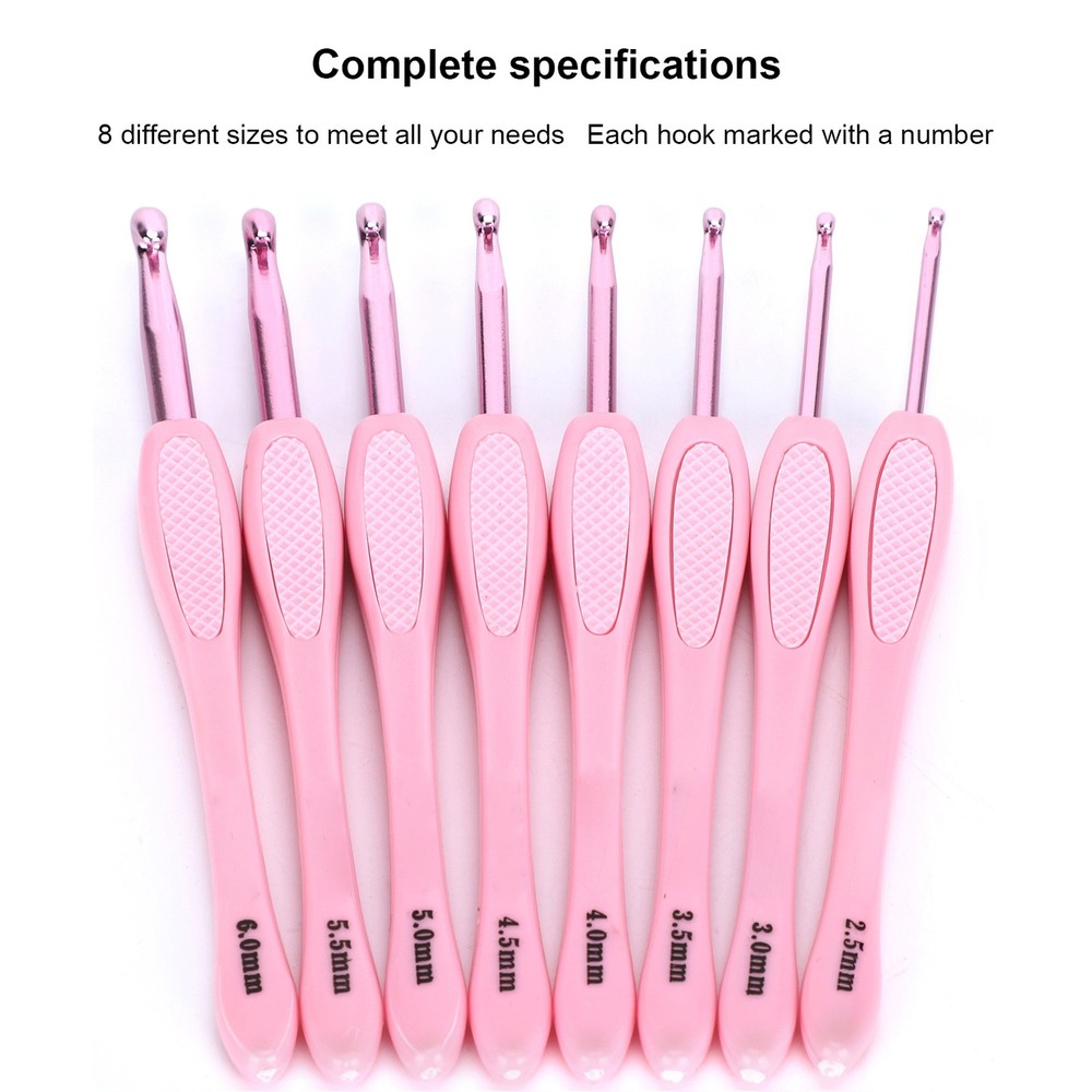 Pink 8Pcs Crochet Hook Thread Knitting Tools ABS Plastic Handle Ergonomic
