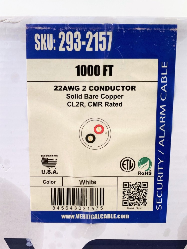 Vertical Cable 293-2157 Alarm-Security Wire, 22AWG, 2 Conductor Solid, 1000 FT
