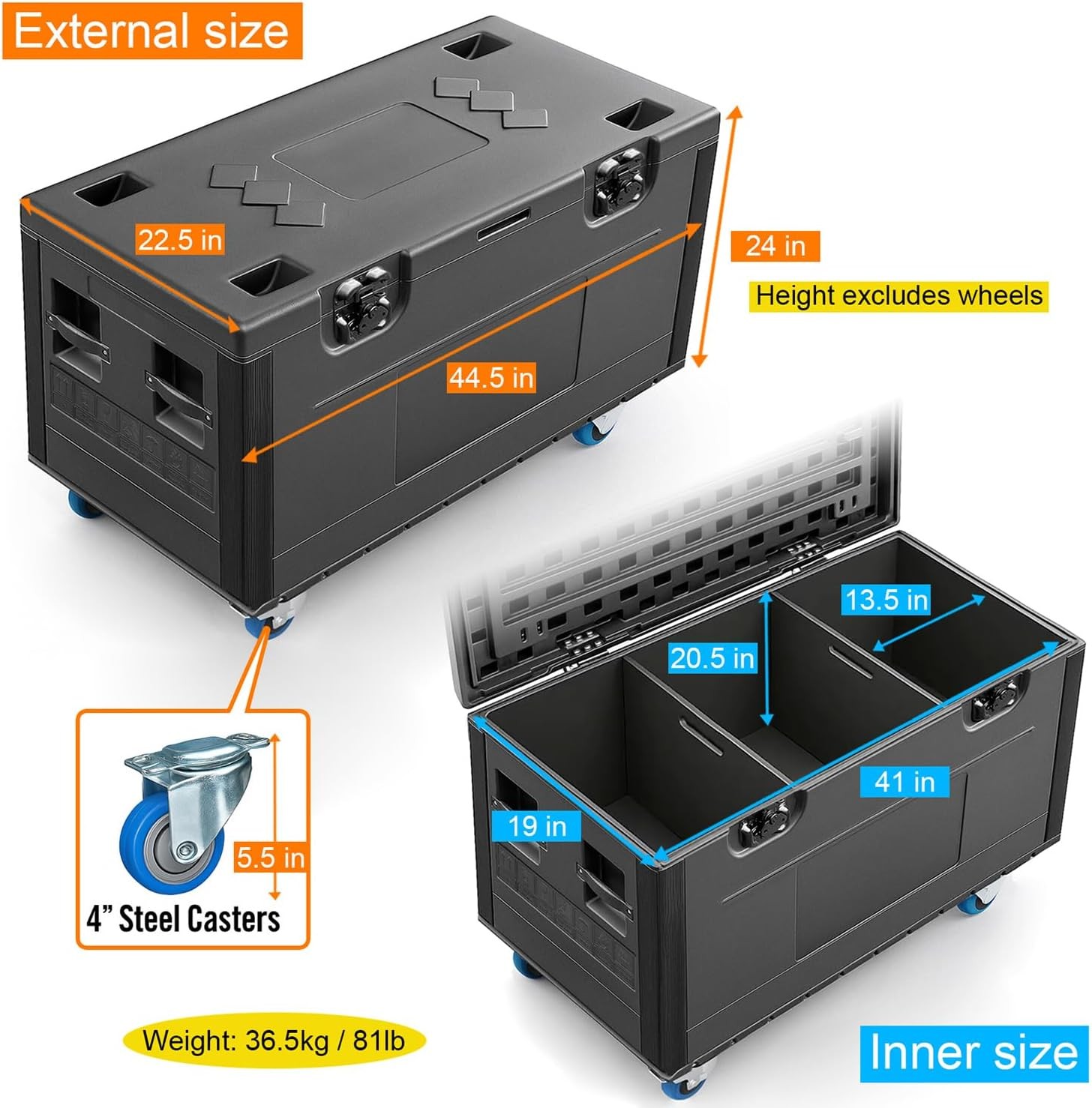 44" x 22" x 24"Cable Trunk Road Case with Wheels and Divider Stackable Road Case