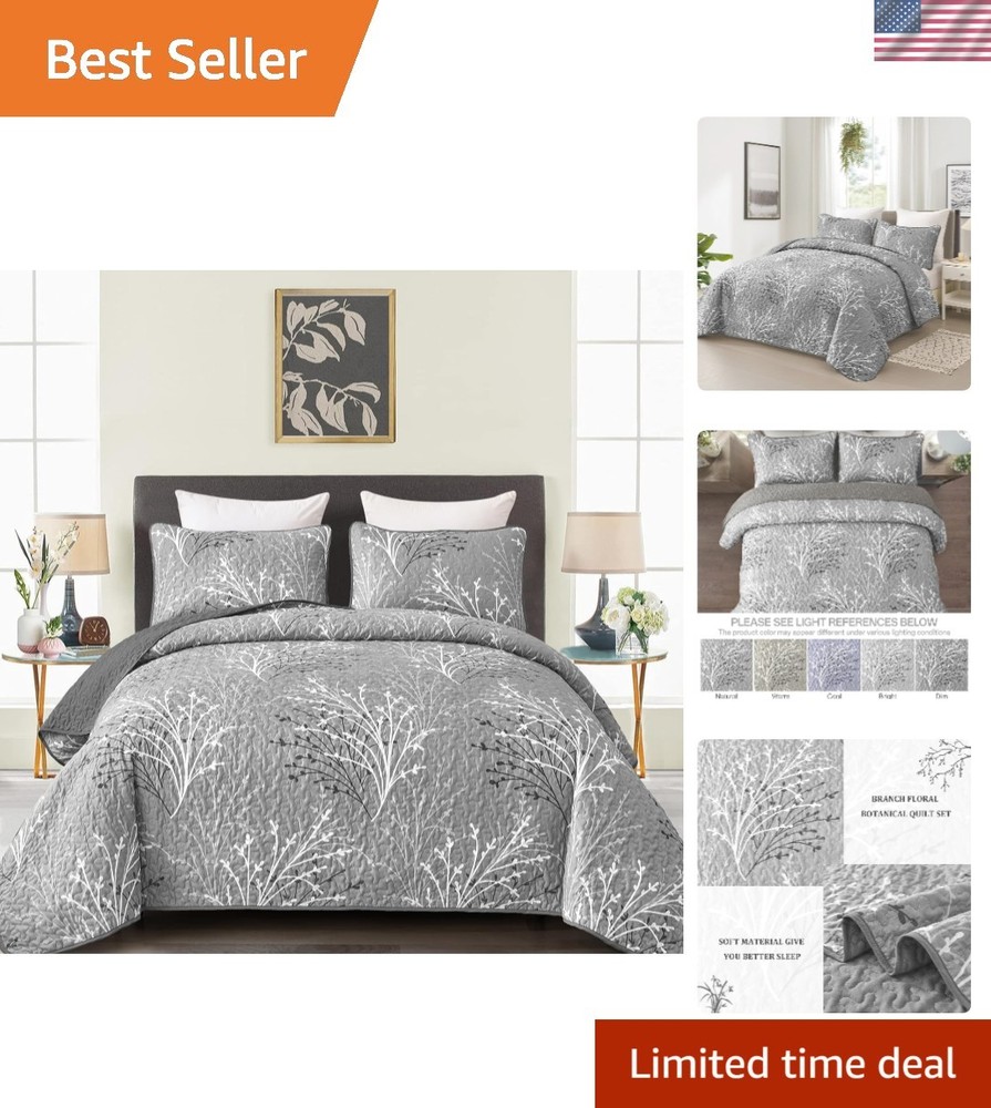 Grey Quilt Set Queen Size - Branch Botanical Pattern Bedspread Coverlet Set, ...