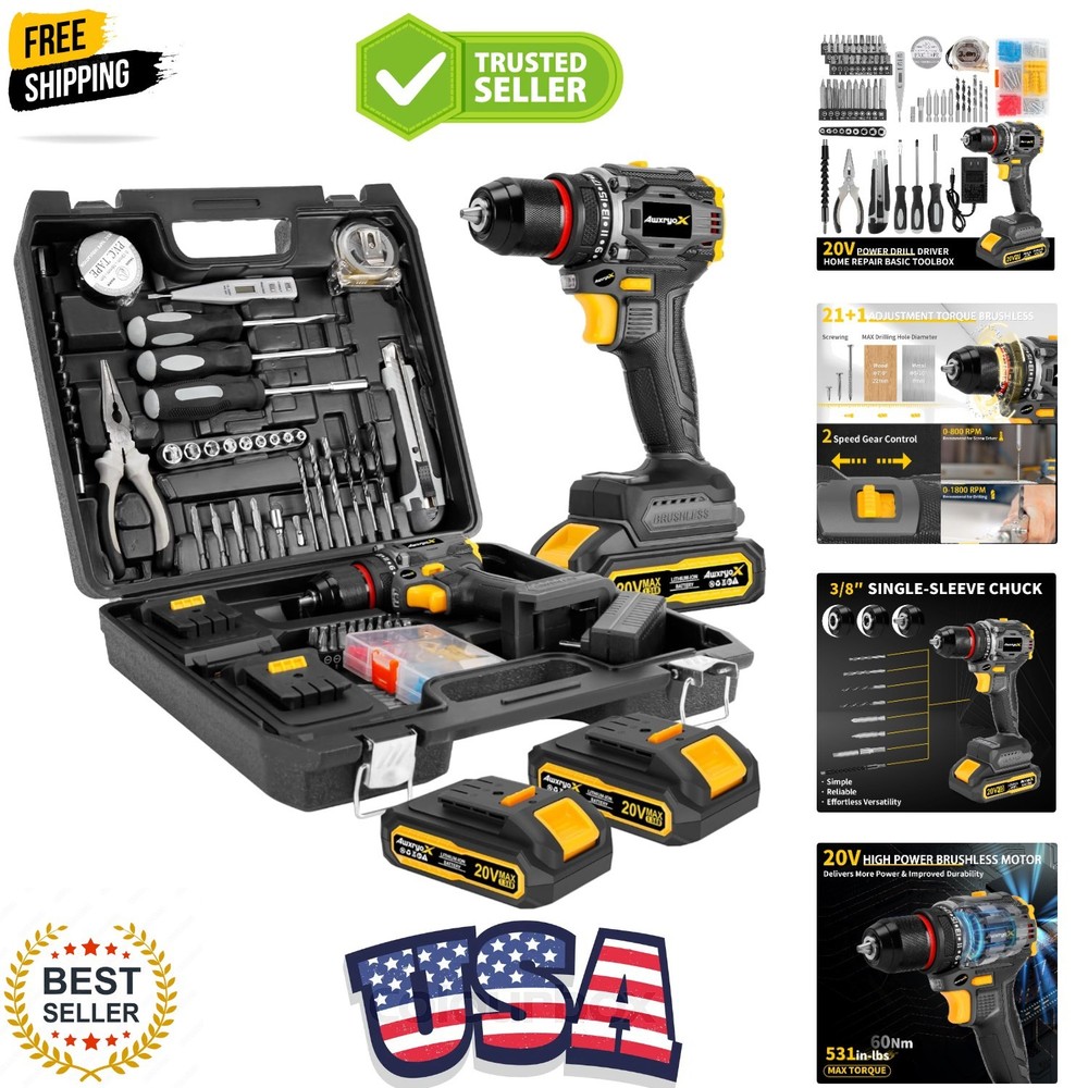 Brushless Compact Drill Tool Set, 60N.m 20V Cordless Drill Tool Box with 2 Ba...
