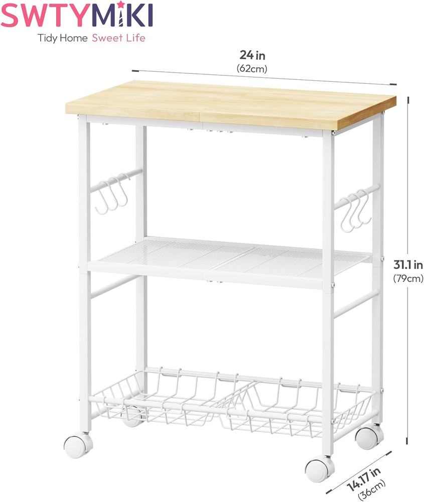 Rolling Kitchen Microwave Cart - 3 Tier Microwave Table Stand with Storage Baske