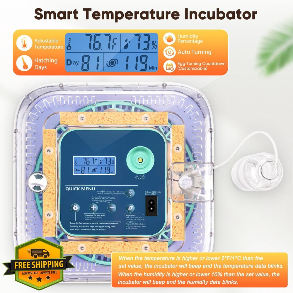 Smart Egg Incubator 360° View Auto Turner Humidity Temp Control