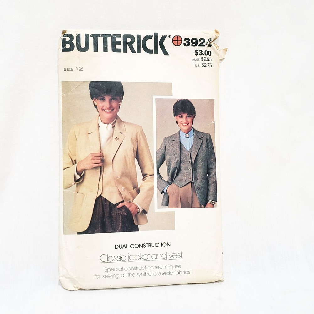 Misses' Jacket & Vest Size 12 Butterick 3924 Vintage Precut Pattern