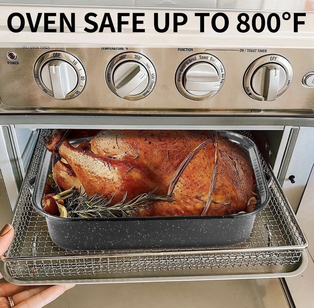 QPMR Roasting Pan with Rack, 21” Rectangular Granite Roaster Pan, 25lb Capacity