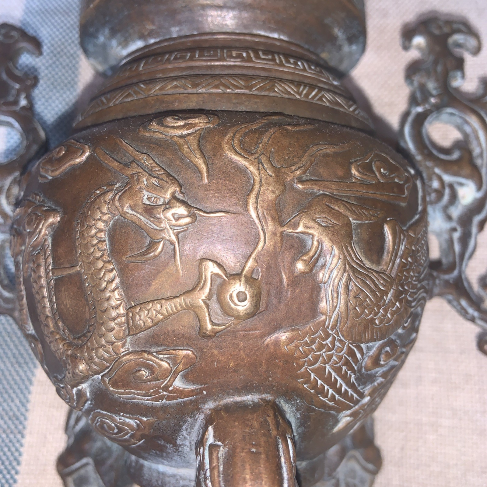 ANTIQUE CHINESE COPPER BASE BRASS DRAGON overlay TRIPOD CENSER SIGNED