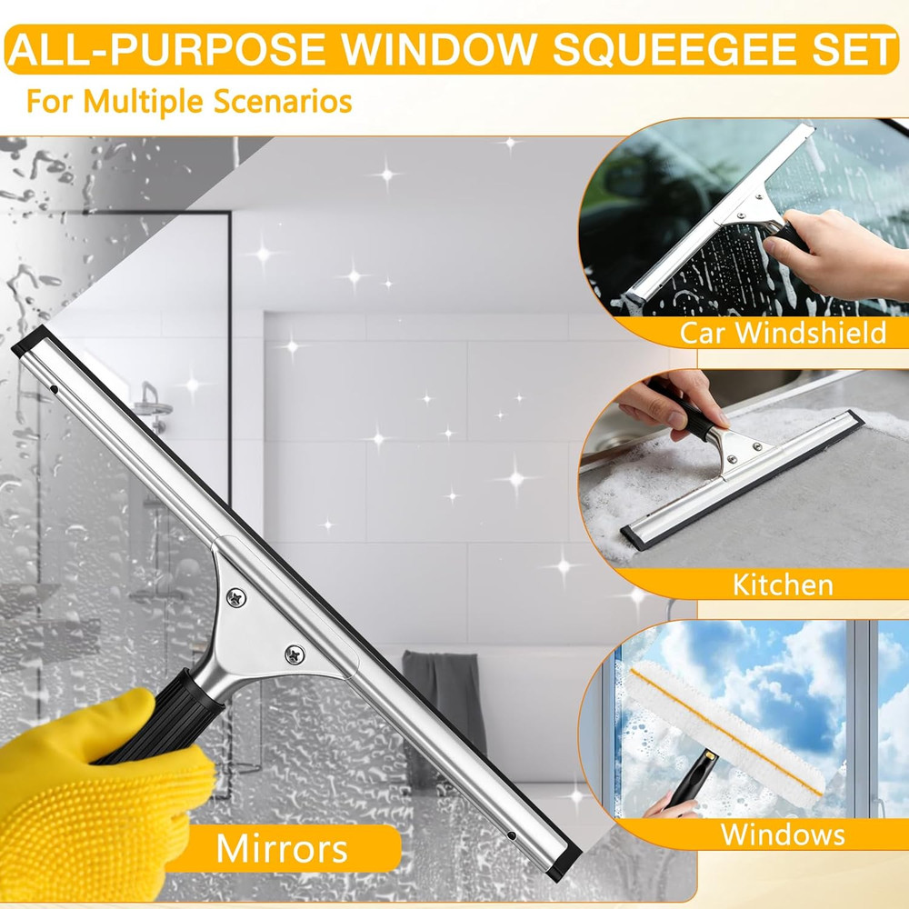 Window Cleaning Squeegee Kit- 14" Squeegee & Microfiber Rotatable Window Scrubbe