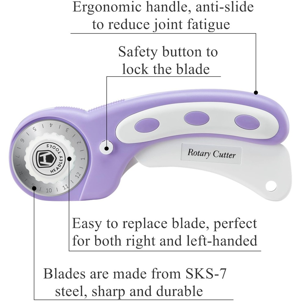 Headley Tools 45mm Rotary Cutter for Fabric, Ergonomic Handle Rolling Cutter wit