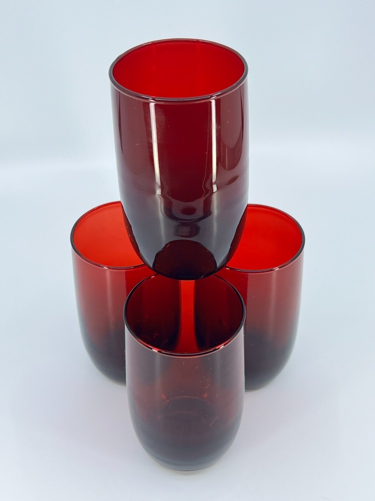 4 Vintage Anchor Hocking Ruby Red Drinking Glasses 1950 Roly Poly glasses 4"
