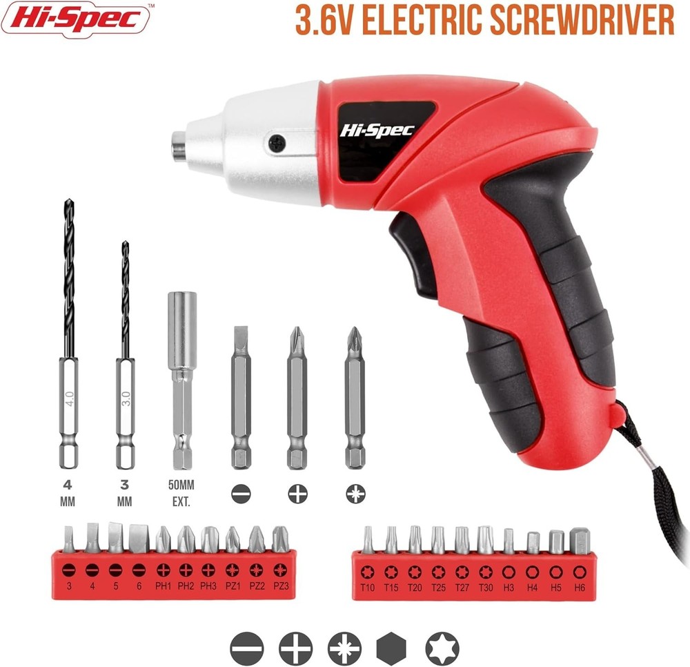 Red Cordless Electric Screwdriver Set - 3.6V Rechargeable Mini Tool with 26 Bits
