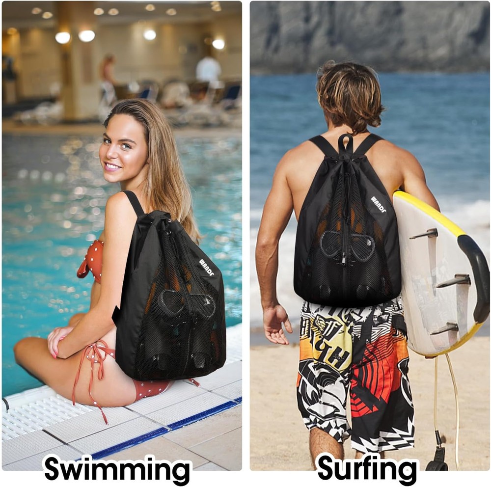WANDF Swim Bag Mesh Drawstring Backpack Beach for One Size, Black