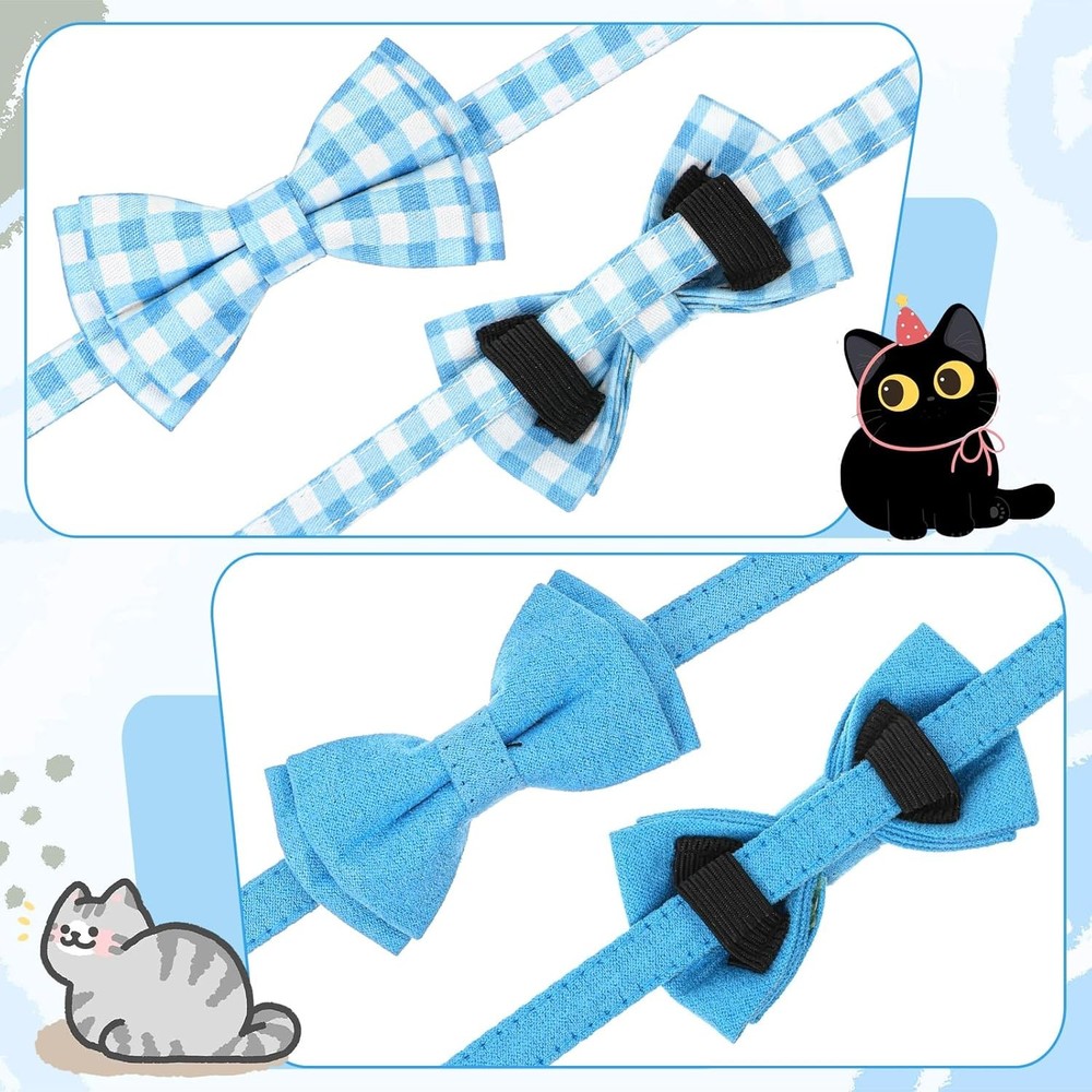 2pc Bow Tie Cat Collar with Bell Breakaway Blue Plaid & Solid Kitten Boy Set