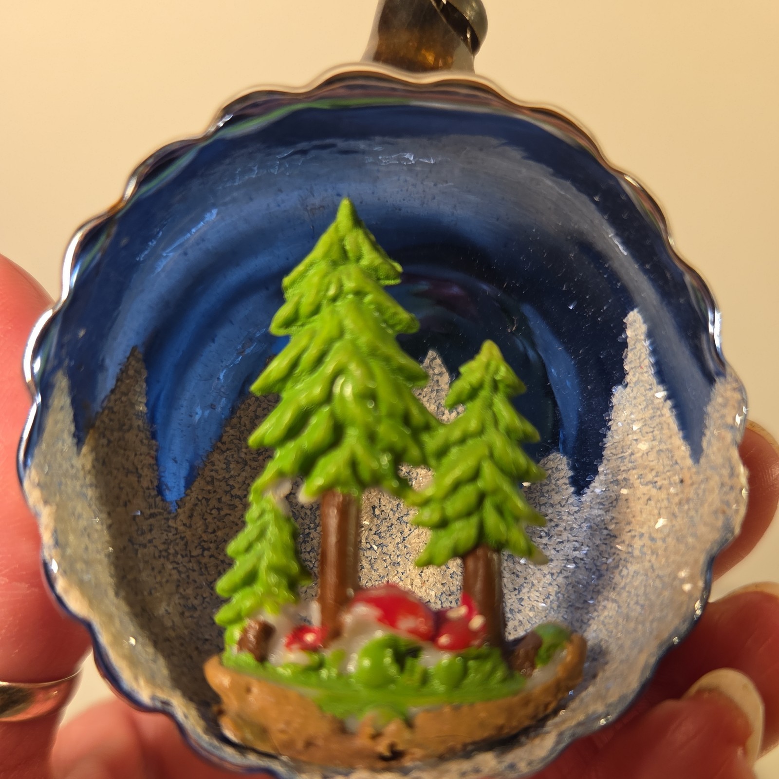 Vintage Glass Diorama PINE TREE MUSHROOMS Indent BALL Christmas Ornament Italy?