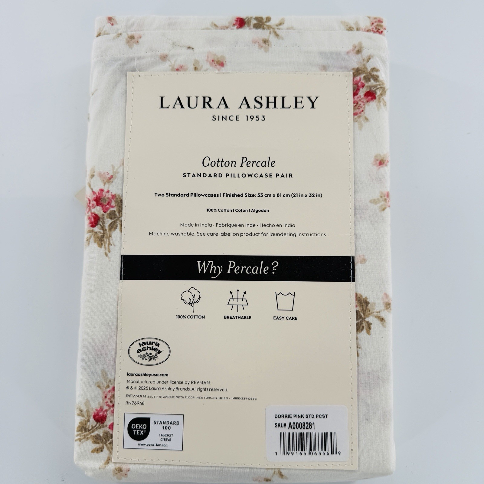 Laura Ashley Dorrie Pink Standard Cotton Percale Pillowcase Floral Cottage Set 2