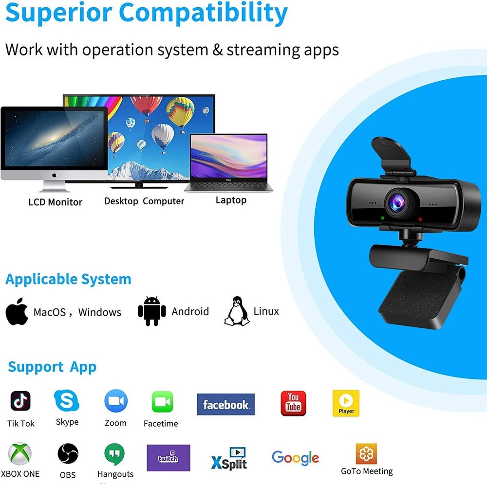 2040x1080 High Resolution HD Desktop Webcam with Microphone for PC Computer M...
