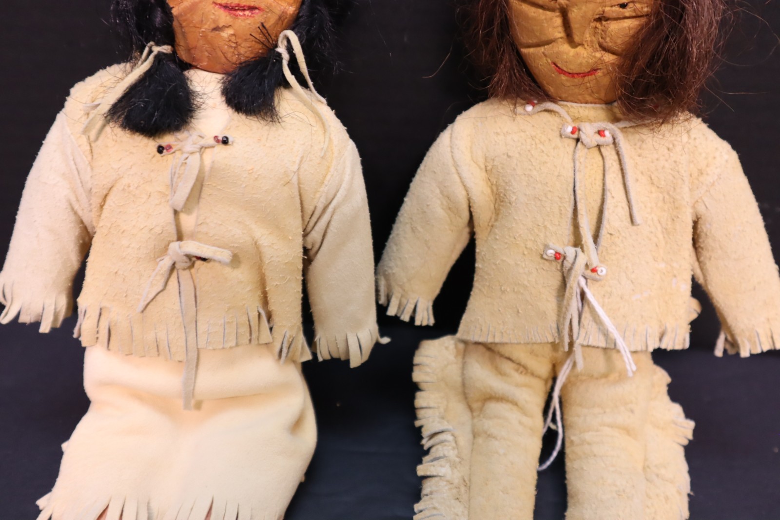 Antique Pair of NATIVE AMERICAN SIOUX Indian Wood Carved Leather Hide Dolls
