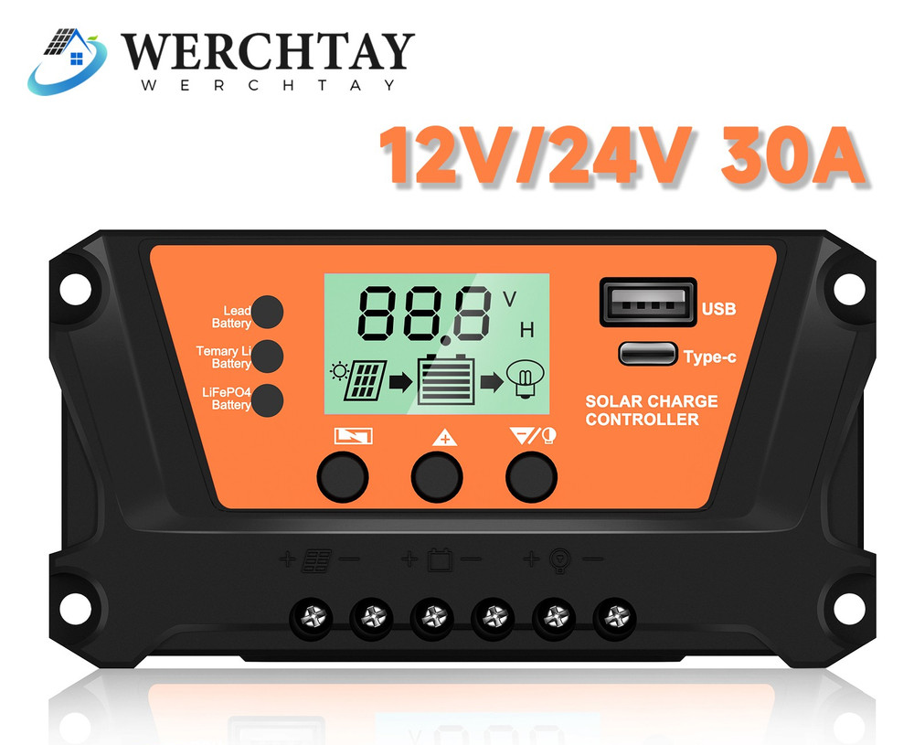 30 Solar Panel Battery Charge Controller USB Type-C 12V/24V Auto Regulator  LCD