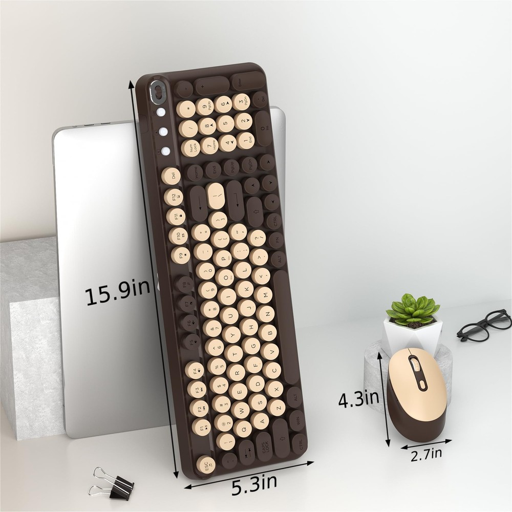 Wireless Keyboard Mouse Combo FullSize Retro Typewriter Coffee Brown Set