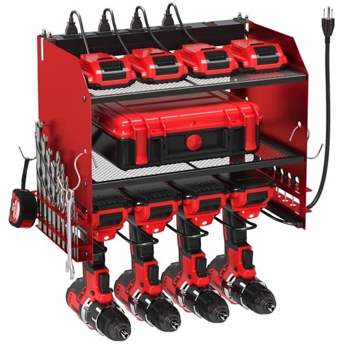 Power Tool Organizer Wall Mount with Charging Station, 4 Drill Holder Built