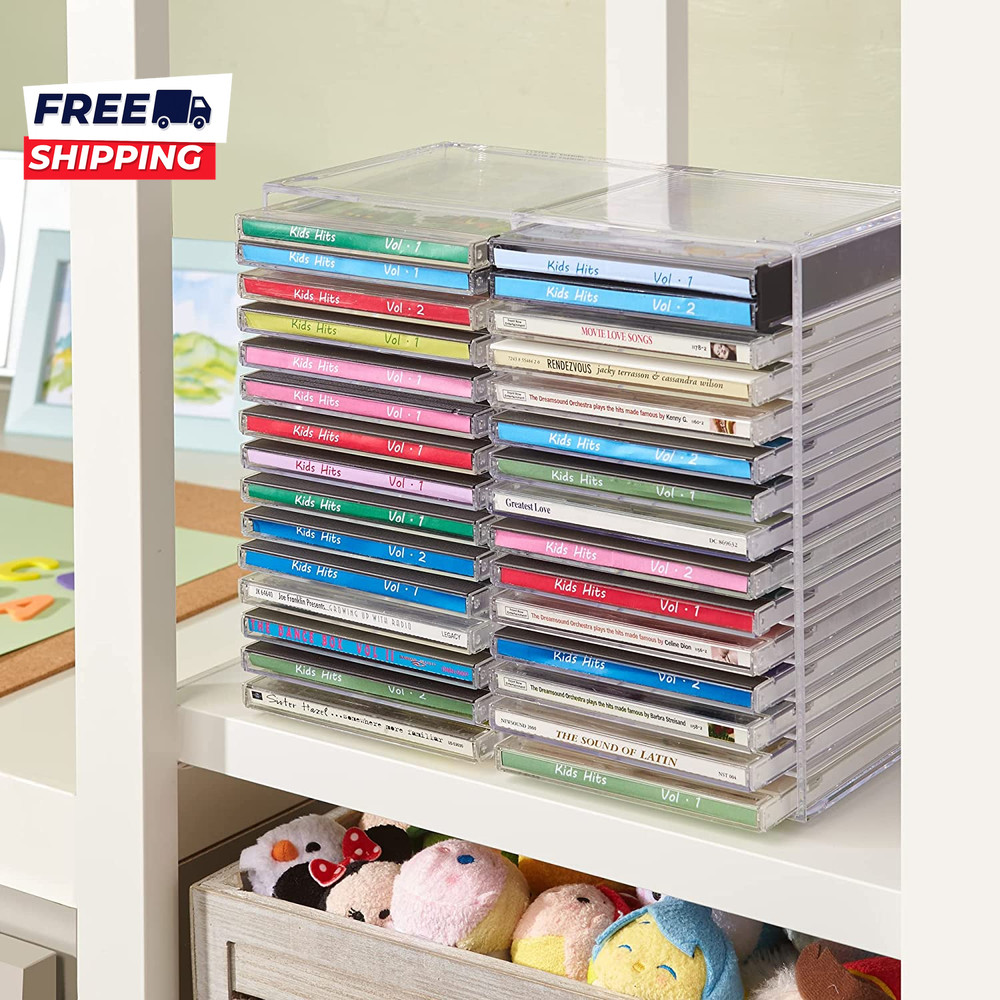 Stackable Clear Plastic CD Organizer with Rubber Feet Rectangular Jewel Made in