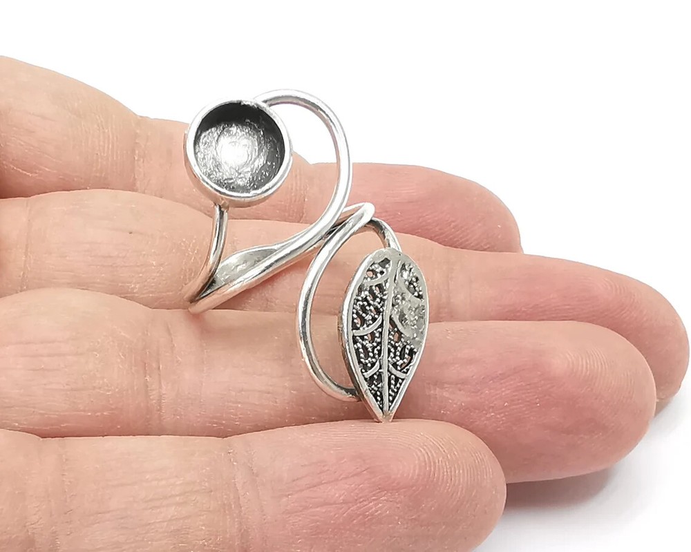 Leaf silver ring setting blank cabochon mounting Adjustable ring base G26240