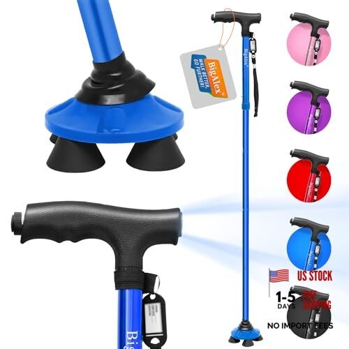 Folding Walking Cane with LED Light,Pivoting Quad Base,Adjustable Walking