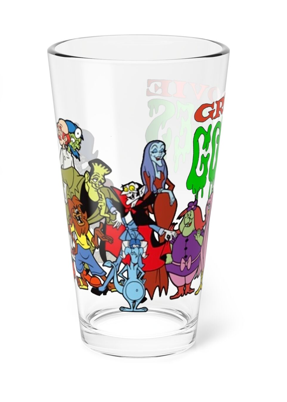 Groovie Goolies Pint Glass, 16oz - 70s Filmation Cartoon - Drac, Frankie, Wolfie