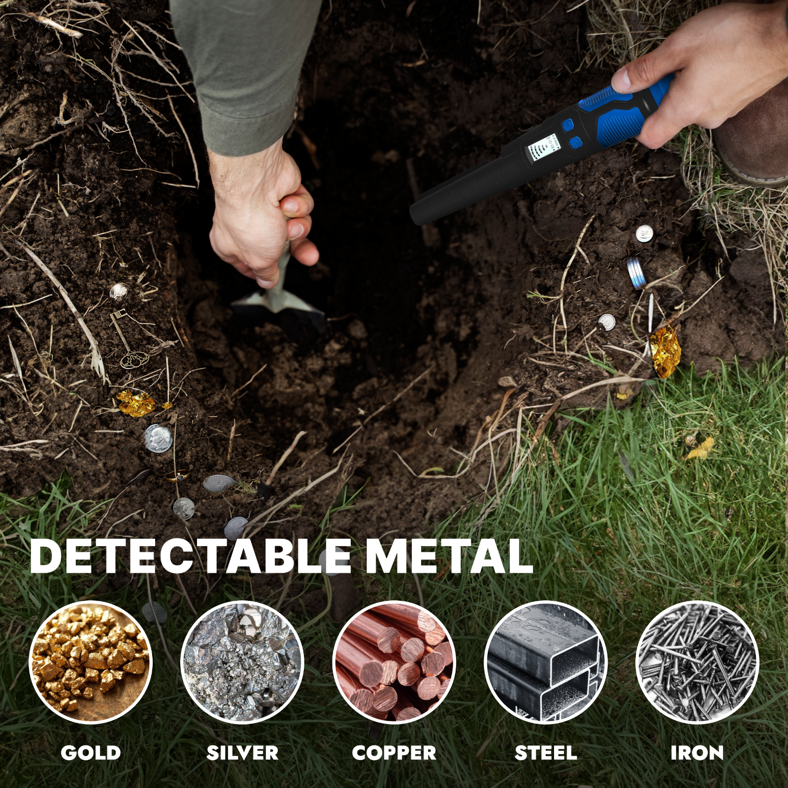 CKG Metal Detector Pinpointer 360° Detection, Fully Waterproof IP68, Color Blue