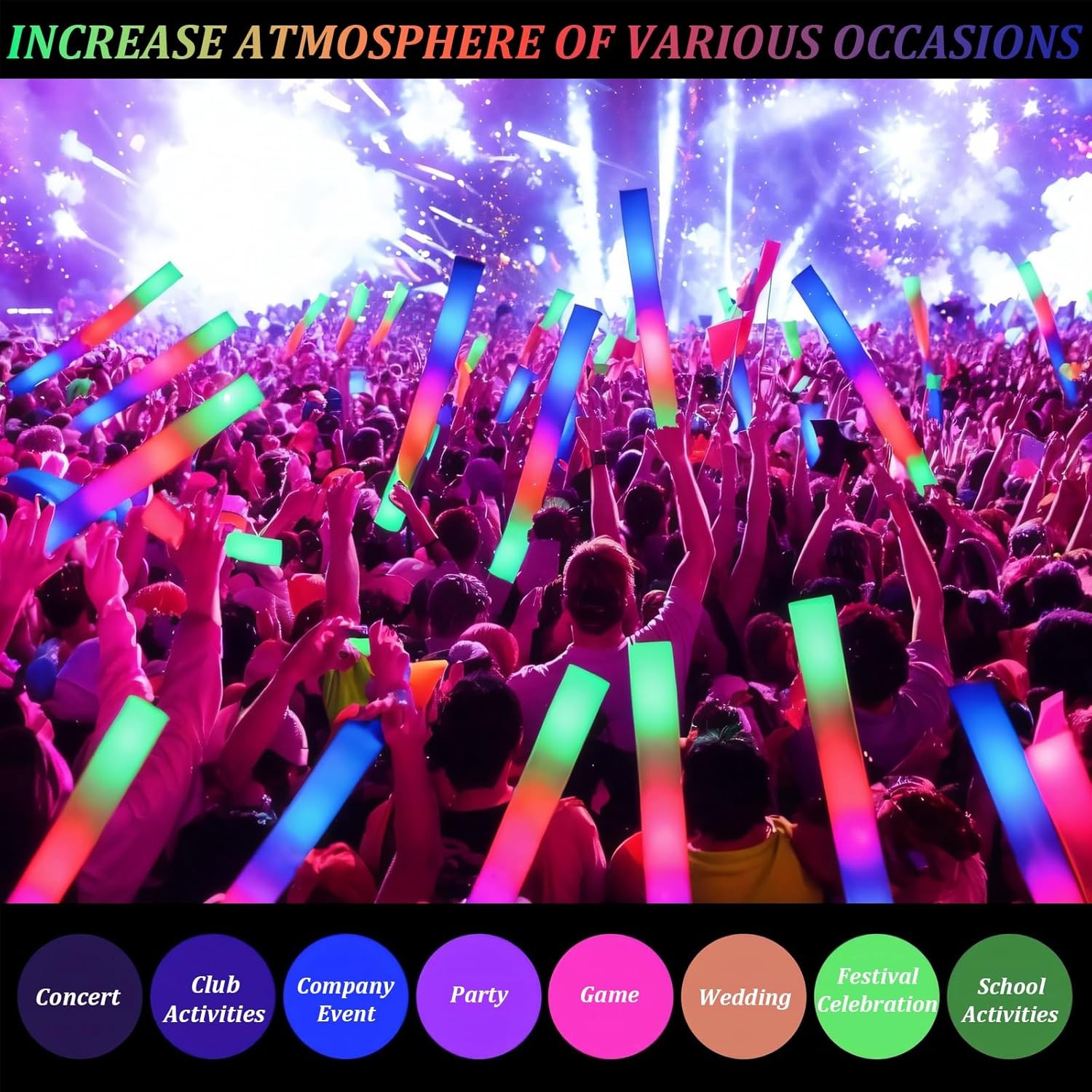 100PCS LED Foam Sticks Light Up Wands Rally Flashing Glow Party Rave