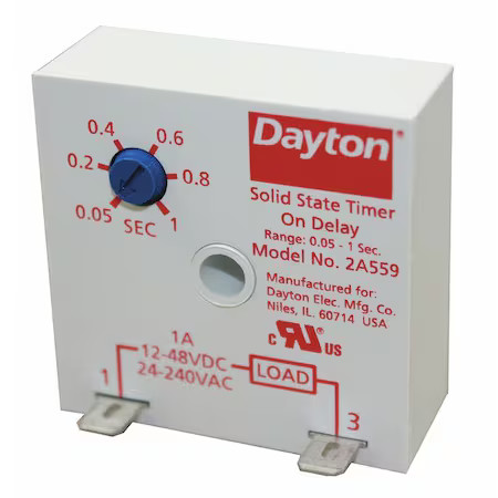 Dayton 2A559 Single Function Encapsulated Timing Relay, Square, On Delay, 1